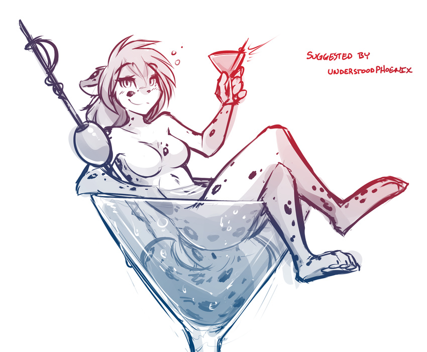 2018 alcohol anthro beverage breasts canine casual_nudity cocktail crossed_legs digitigrade featureless_breasts feline female fur glass hi_res holding_object hybrid kathrin_(twokinds) keidran looking_at_viewer lounging mammal martini micro monochrome nude olive_(food) pawpads simple_background sitting sketch smile solo spots spotted_fur stick tom_fischbach twokinds webcomic wet white_background