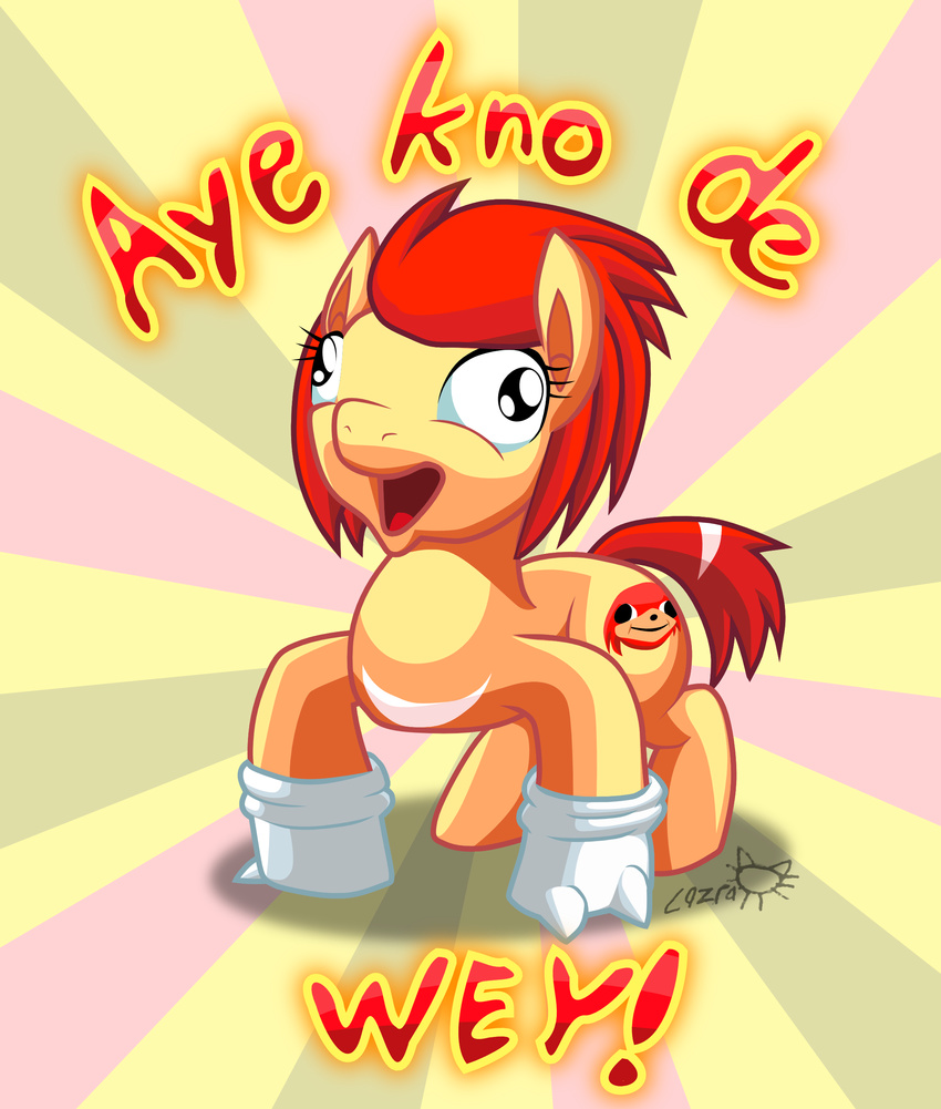 ! 2018 cancer cazra clothing cute cutie_mark derp_eyes dialogue earth_pony equine eyelashes fan_character female gloves hair hi_res horse mammal meme my_little_pony open_mouth parody pony red_hair shadow signature simple_background solo text tongue two_tone_background ugandan_knuckles yellow_background
