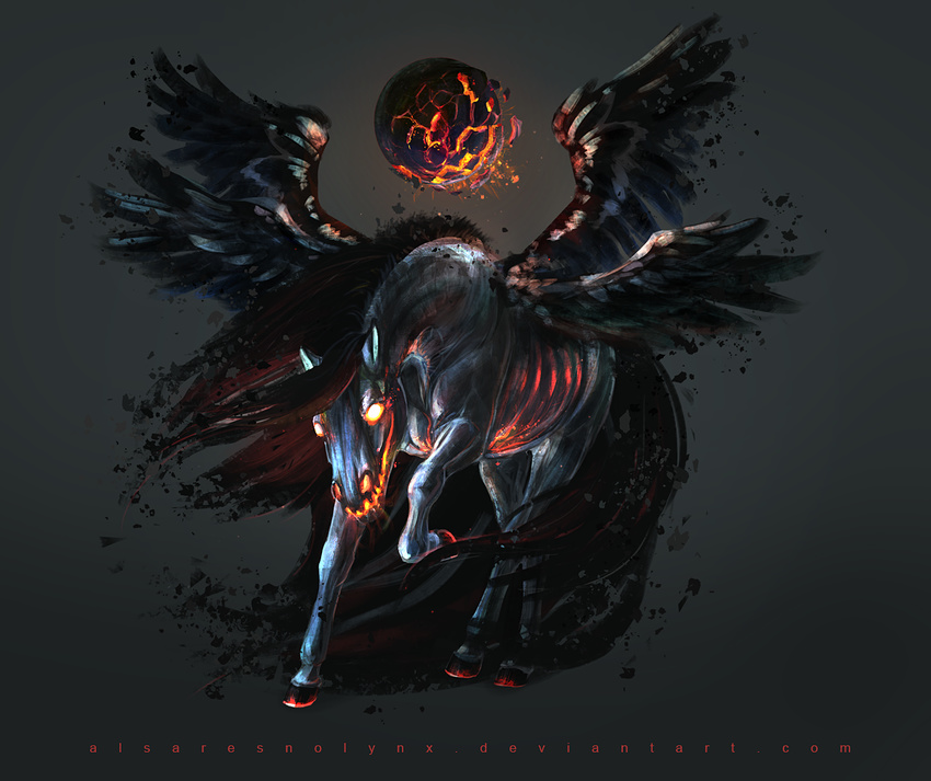 4_wings alsares ambiguous_gender black_feathers elemental equine feathered_wings feathers feral fire fire_breathing fire_elemental fur glowing glowing_eyes gradient_background grey_fur hooves mammal multi_wing one_leg_up orb pegasus simple_background solo spread_wings standing wings