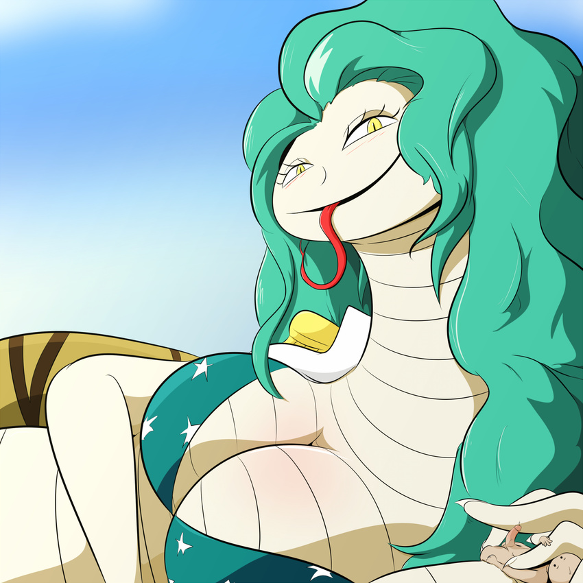 boa_sandersonia breasts cleavage clothed clothing davidsanchan duo female green_hair hair larger_female long_hair looking_at_viewer male naga one_piece penis reptile scalie size_difference snake tongue tongue_out