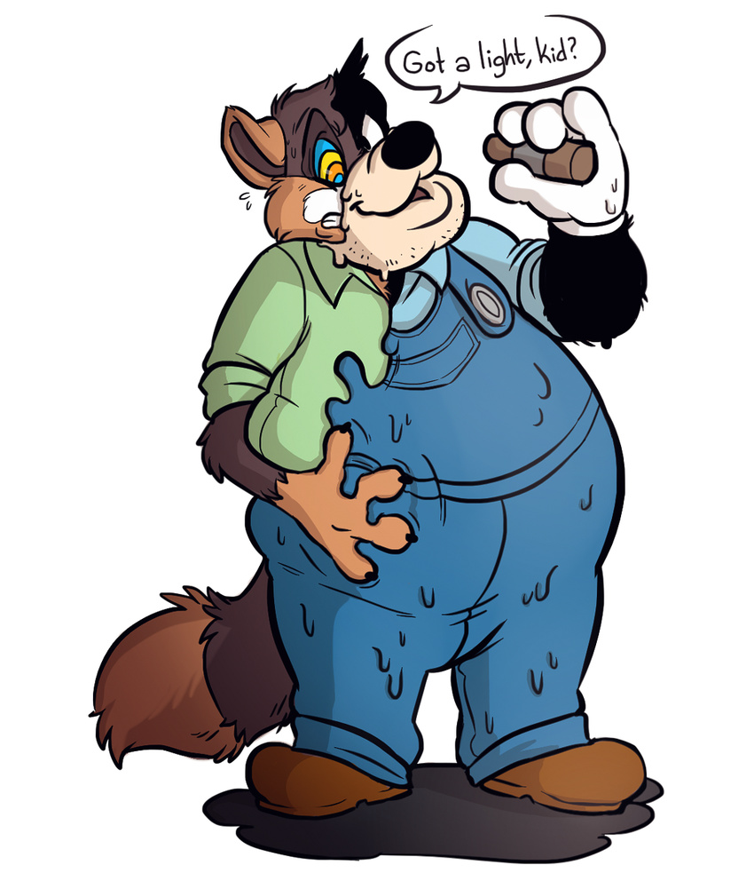 4_fingers anthro black_fur black_nose brown_fur brown_shoes canine cat cigar claws clothed clothing cubi dialogue digital_drawing_(artwork) digital_media_(artwork) disney duo english_text feline footwear fur gloves goo_transformation goof_troop hi_res hypnosis male mammal mind_control open_mouth overalls overweight peter_pete_sr. shoes simple_background solo speech_bubble spiral spiral_eyes standing text theome transformation white_background