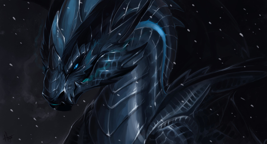 allagar ambiguous_gender black_scales blue_eyes blue_markings detailed_background dragon feral markings membranous_wings outside portrait scales scalie snow snowing solo western_dragon wings