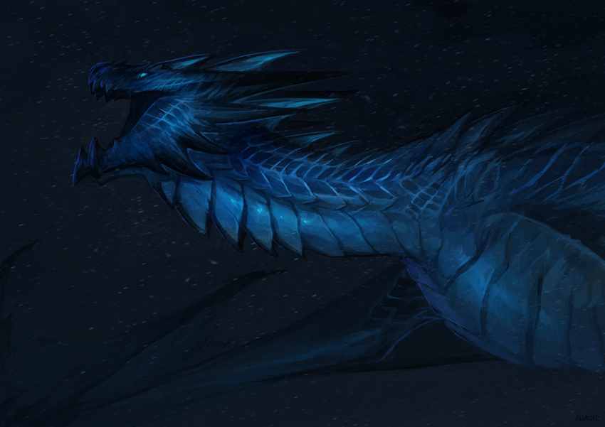 allagar ambiguous_gender blue_eyes blue_theme dark_theme detailed_background dragon feral flying horn ice_dragon night open_mouth outside roaring scalie sky solo star western_dragon