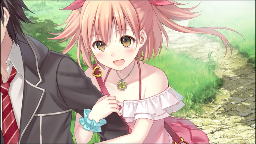1girl :d arm_hug bare_shoulders black_border black_hair black_jacket blazer blue_scrunchie blush border brown_hair collared_shirt day four-leaf_clover_necklace frills fukahire_(ruinon) game_cg grass ground halterneck hand_on_another's_arm happy heart hetero highres jacket jewelry necklace necktie off_shoulder omega_quintet open_mouth otoha_(omega_quintet) out_of_frame outdoors pendant pink_ribbon red_neckwear ribbon scrunchie shirt short_hair smile solo_focus striped striped_neckwear takuto_(omega_quintet) two_side_up upper_body white_shirt wrist_scrunchie yellow_eyes