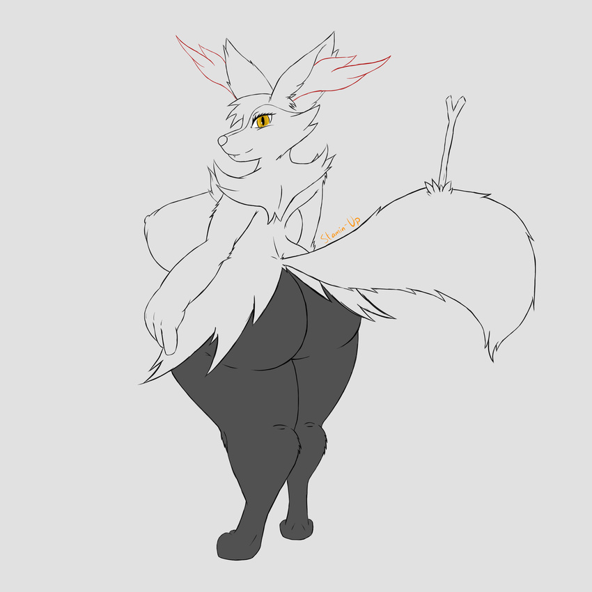 anthro areola big_breasts big_butt braixen breasts butt canine cute_fangs digitigrade eyelashes female fox from_behind_(disambiguation) fur hand_on_hip huge_breasts huge_butt huge_thighs hyper hyper_butt inner_ear_fluff large_hands looking_at_viewer mammal nintendo nipples pok&eacute;mon pok&eacute;mon_(species) shortstack simple_background slightly_chubby smile solo stamin-up standing stick video_games voluptuous wide_hips yellow_eyes