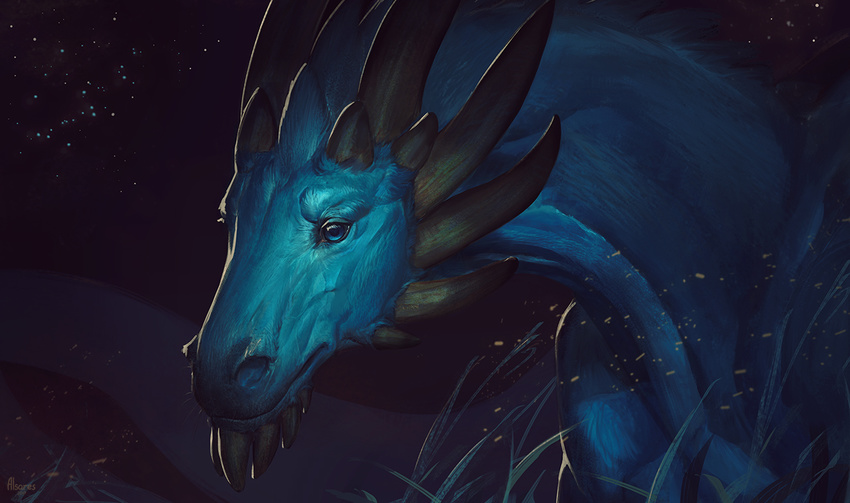 alsares ambiguous_gender blue_eyes blue_fur chin_spikes dark_theme detailed_background dragon face_spikes feral fur furred_dragon grass night outside sky solo star starry_sky