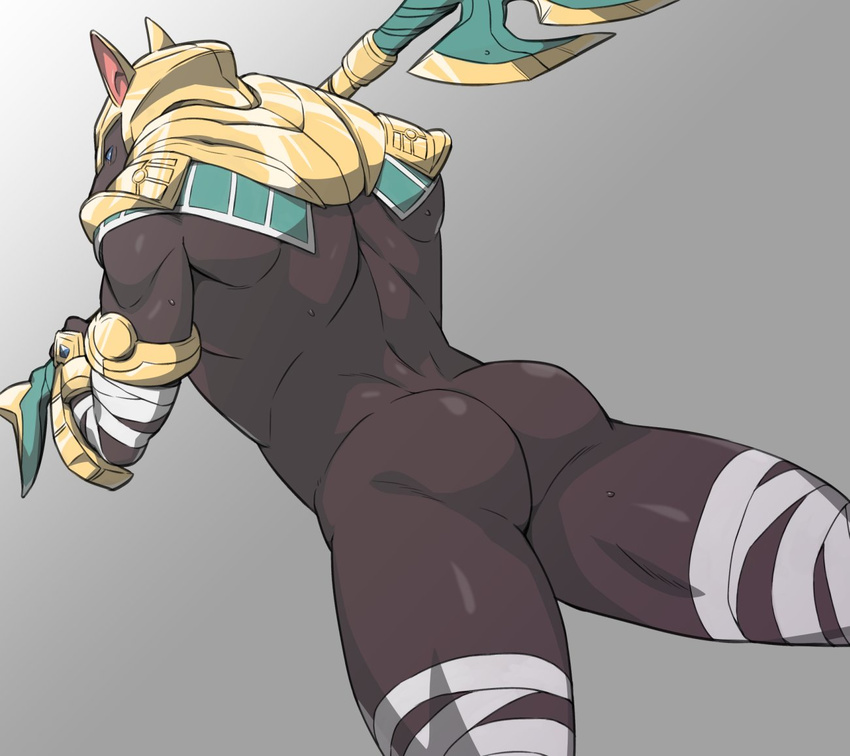 anthro anubian_jackal bandage bottomless butt canine clothed clothing egyptian fur holding_object holding_weapon jackal league_of_legends male mammal melee_weapon nasus_(lol) partially_clothed riot_games solo staff standing sunspotfish sweat video_games weapon white_clothing yellow_clothing