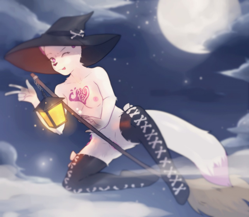&lt;3 breasts broom clothing crummles dipstick_tail ermine female hat legwear magic_user mammal multicolored_tail mustelid ni70 nipples one_eye_closed purple_eyes pussy solo thigh_highs wink witch witch_hat