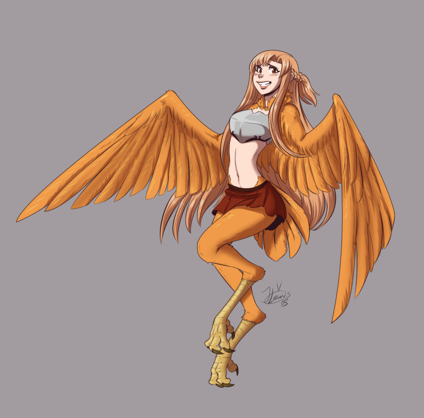 absurd_res animal_humanoid armor asuna_yuuki avian avian_humanoid brown_eyes brown_hair claws clothing digitigrade feathered_wings feathers female hair harpy hi_res humanoid long_hair looking_at_viewer midriff navel orange_feathers signature simple_background skirt solo sword_art_online tail_feathers talons teeth thatweirdguyjosh wings