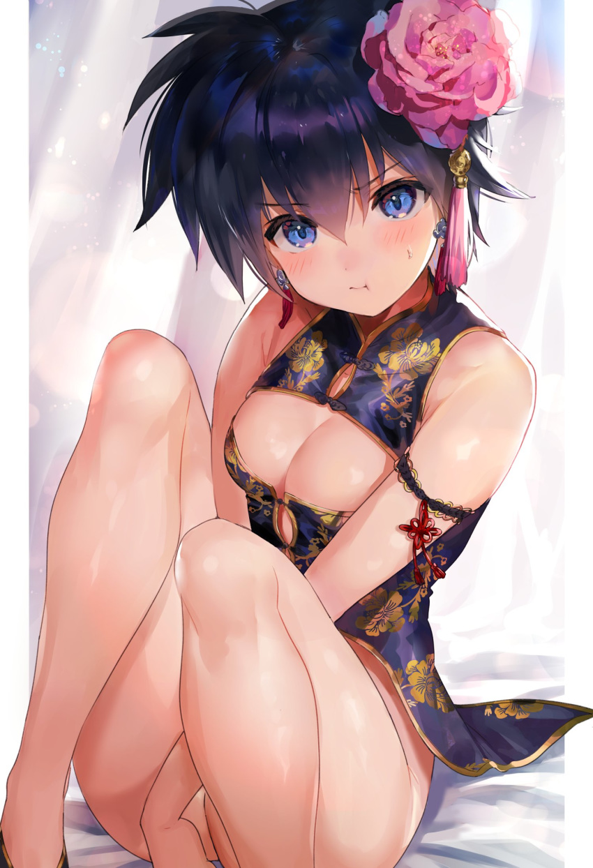 :t bare_arms bare_legs bare_shoulders between_legs blue_eyes blush breasts china_dress chinese_clothes cleavage cleavage_cutout closed_mouth commentary_request dress earrings floral_print flower genderswap genderswap_(mtf) hair_flower hair_ornament hand_between_legs head_tilt highres houshin_engi jewelry knees_up medium_breasts mimoza_(96mimo414) no_panties pink_flower pout purple_dress purple_hair shoes short_hair sitting solo sweatdrop taikoubou tassel white_background