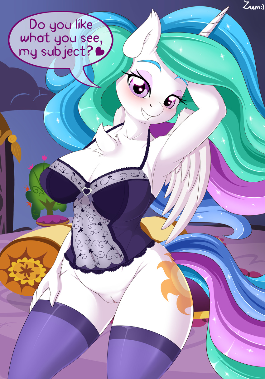 2018 absurd_res anthro anthrofied blush clothing cutie_mark dialogue digital_media_(artwork) english_text equine feathered_wings feathers female friendship_is_magic hair hi_res horn legwear long_hair looking_at_viewer mammal multicolored_hair my_little_pony princess_celestia_(mlp) pussy solo text winged_unicorn wings ziemniax