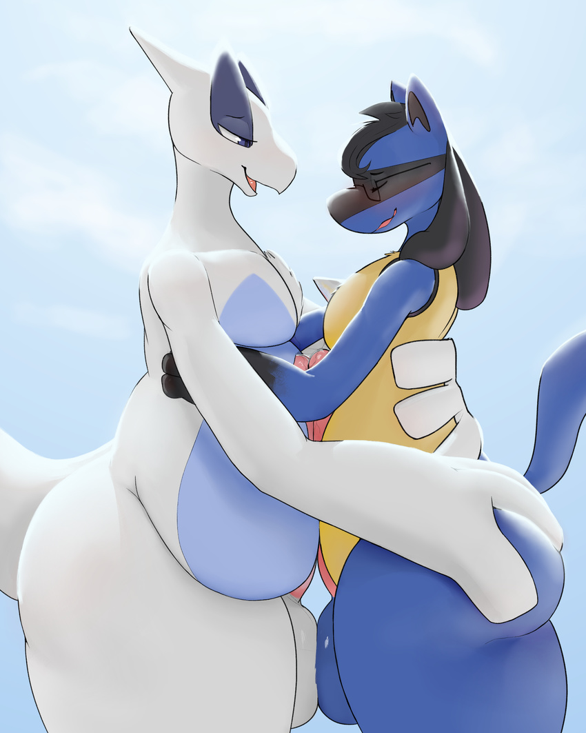 balls balls_touching belly big_balls big_butt big_penis big_thighs blush butt butt_grab cloud eyes_closed eyewear frottage glasses half-closed_eyes hand_on_butt hug huge_penis huge_thighs legendary_pok&eacute;mon lucario lugia male male/male nintendo open_mouth outside overweight pcred566 penis pink_penis pok&eacute;mon pok&eacute;mon_(species) sex sky slightly_chubby video_games