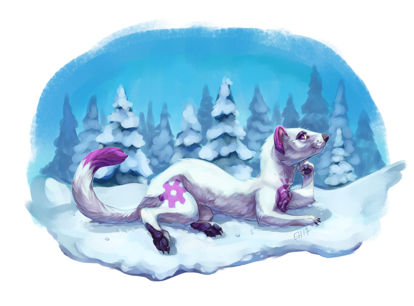 crummles dipstick_tail ermine feral gear hiccupby looking_at_viewer lying mammal multicolored_tail mustelid purple_eyes winter_coat