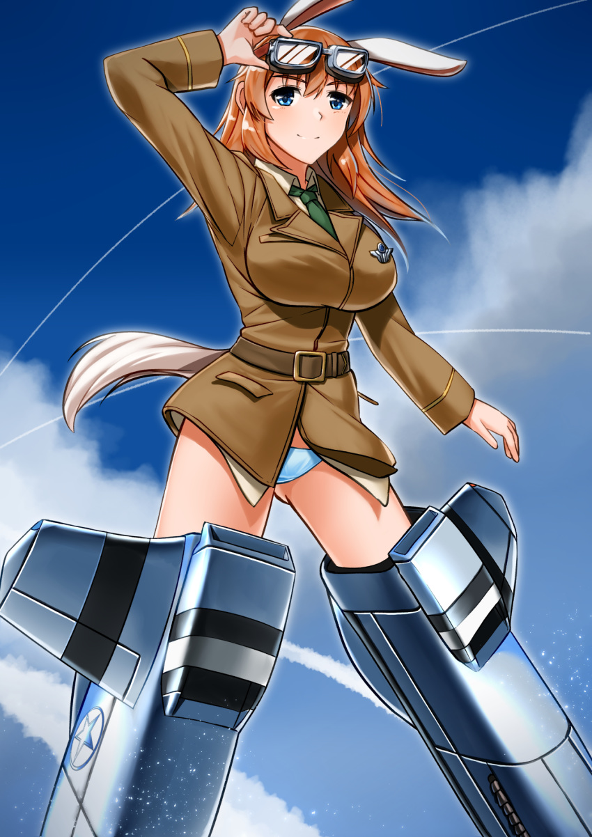 1girl animal_ears blue_eyes blush breasts brown_hair bunny_ears bunny_tail charlotte_e_yeager cloud cloudy_sky eyebrows eyebrows_visible_through_hair goggles goggles_on_head green_neckwear highres hiroshi_(hunter-of-kct) large_breasts military military_uniform necktie panties shiny shiny_hair shiny_skin sky smile solo strike_witches striker_unit tail underwear uniform white_panties world_witches_series