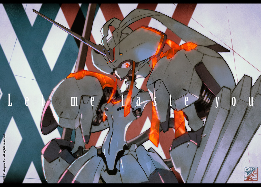 breasts darling_in_the_franxx english glowing glowing_eye highres humanoid_robot jnt letterboxed looking_at_viewer mecha medium_breasts no_humans orange_eyes signature strelizia upper_body watermark