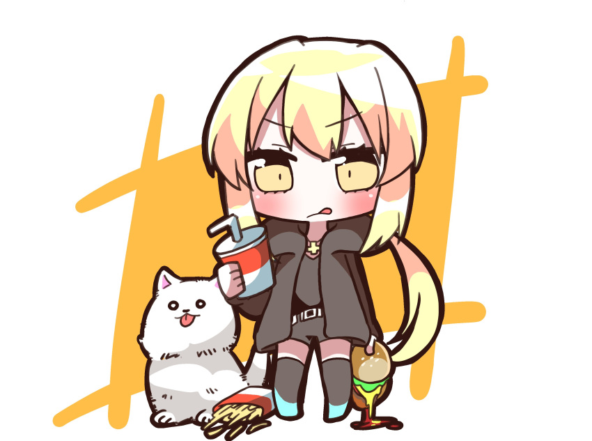 1girl absurdres animal artoria_pendragon_(all) bangs belt belt_buckle bendy_straw black_jacket black_legwear black_shirt black_shorts blonde_hair buckle chibi closed_mouth commentary_request cup disposable_cup dog drinking_straw eyebrows_visible_through_hair fast_food fate/stay_night fate_(series) food french_fries hamburger highres holding holding_cup holding_food hood hood_down hooded_jacket jacket jako_(jakoo21) jewelry long_hair looking_at_viewer low_twintails open_clothes open_jacket pendant saber_alter shirt short_shorts shorts sidelocks solo standing thighhighs tongue tongue_out twintails v-shaped_eyebrows very_long_hair white_belt yellow_eyes