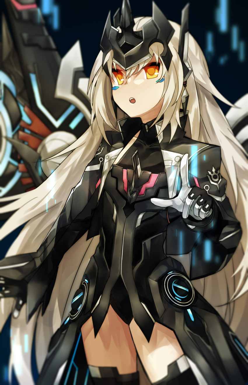 absurdres black_legwear black_leotard bodysuit code:_ultimate_(elsword) cowboy_shot elsword eve_(elsword) floating_hair highres leotard long_hair open_mouth orange_eyes silver_hair solo standing thighhighs very_long_hair warbler