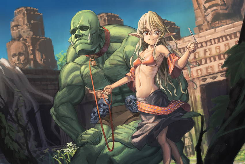 1girl blonde_hair building closed_eyes closed_mouth collar collarbone commentary day detached_sleeves dutch_angle elf flower groin hironii_(hirofactory) key kneeling leash lock long_hair long_pointy_ears muscle navel orc original outdoors padlock pig plant pointy_ears red_bikini_top red_eyes ribs role_reversal short_sleeves skirt smile standing very_long_hair