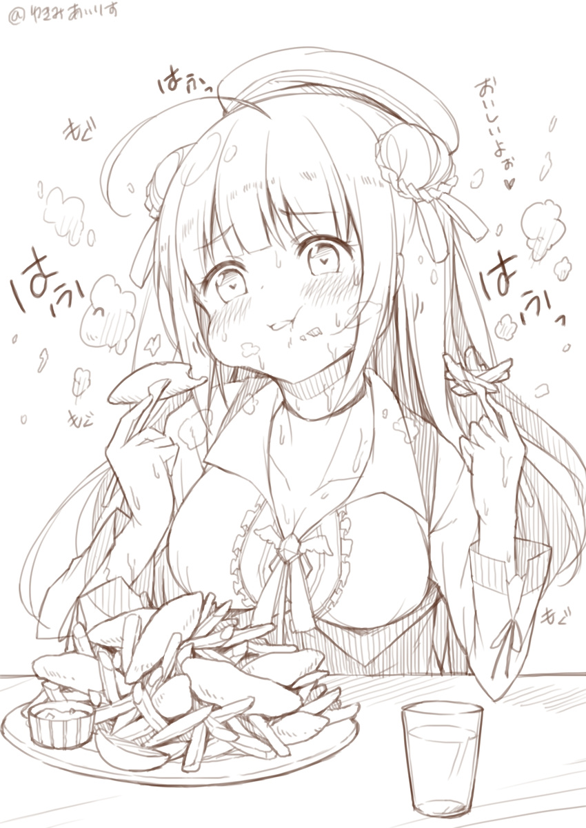 azur_lane blush breasts cleavage commentary_request cygnet_(azur_lane) double_bun eating fish_and_chips food french_fries glass hat heart heart-shaped_pupils highres long_hair medium_breasts sketch solo sweat symbol-shaped_pupils yukimi_ai_risu