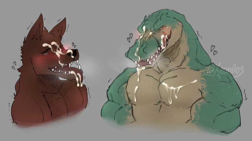 &lt;3 2019 anthro biceps canid canine crocodile crocodilian cum cum_on_chest cum_on_face cum_on_tongue digital_media_(artwork) fangs fur incest league_of_legends licking_cum male male/male mammal muscular muscular_male nasus_(lol) open_mouth pecs renekton reptile riot_games scalie simple_background sketch smile tongue video_games xeoniios