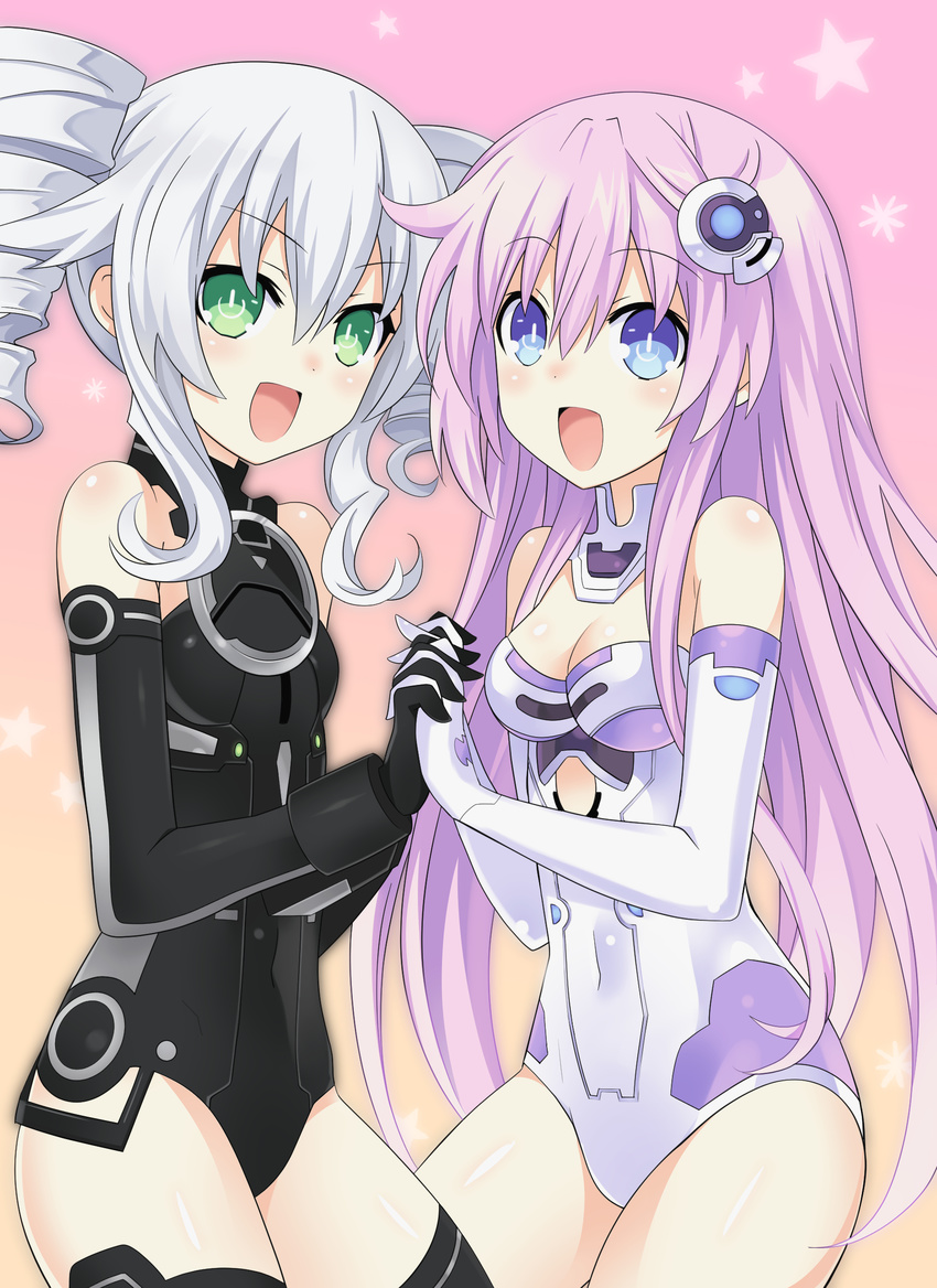 :d absurdres bad_id bad_pixiv_id bare_shoulders black_legwear black_sister blue_eyes breasts cleavage covered_navel cowboy_shot drill_hair elbow_gloves gloves green_eyes hair_ornament highres holding_hands interlocked_fingers leotard long_hair looking_at_viewer medium_breasts medium_hair multiple_girls nepgear neptune_(series) open_mouth pink_hair power_symbol purple_sister sidelocks silver_hair smile star starry_background thighhighs twin_drills uni_(choujigen_game_neptune) zero_(ray_0805)