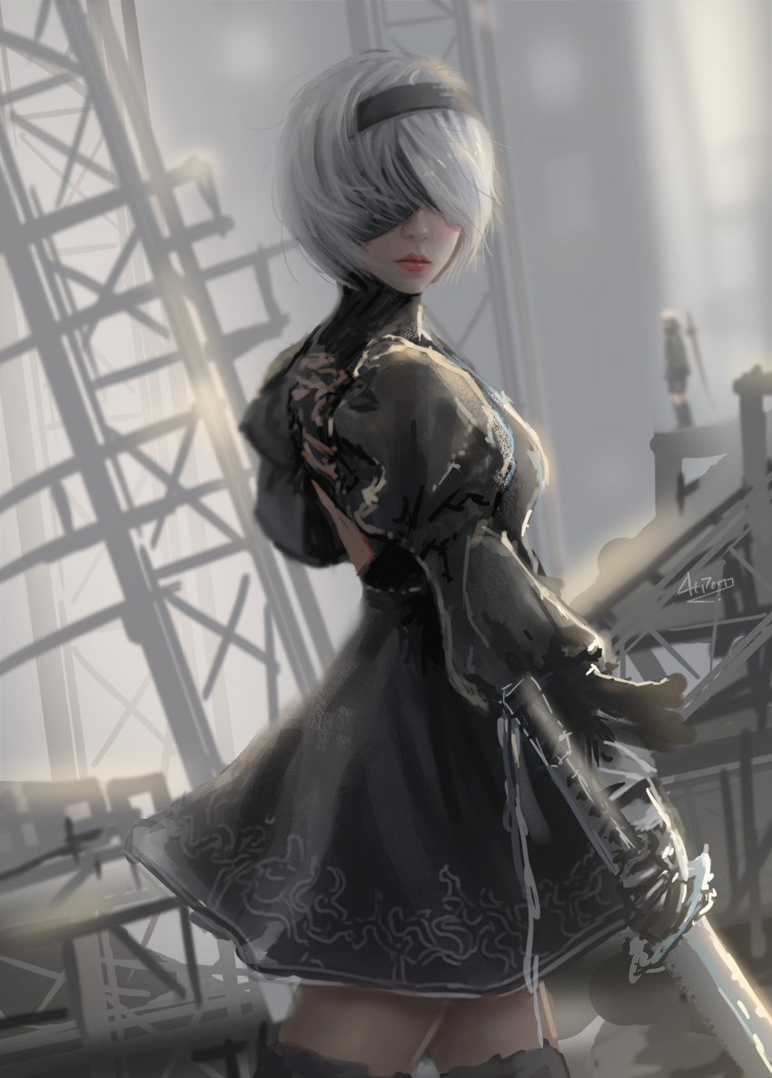 artist_name at_pom back_cutout black_blindfold black_dress black_gloves black_hairband black_jacket black_legwear blindfold breasts closed_mouth commentary_request covered_eyes dress facing_viewer feather-trimmed_sleeves gloves grey_hair grey_sky hairband highres holding holding_sword holding_weapon jacket juliet_sleeves katana lips long_sleeves looking_at_viewer medium_breasts nier_(series) nier_automata no_mole puffy_sleeves red_lips short_hair sketch solo_focus star sunlight sword thighhighs turtleneck turtleneck_dress weapon yorha_no._2_type_b yorha_no._9_type_s zettai_ryouiki