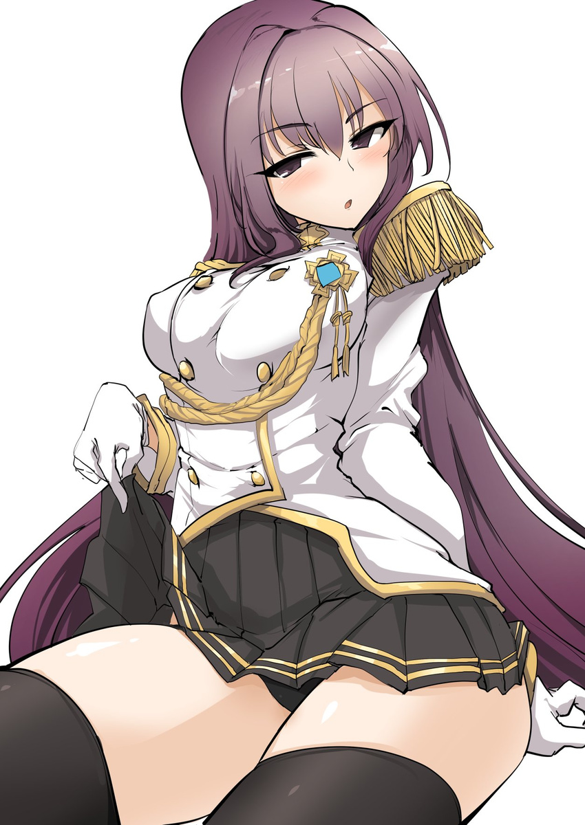 :o aiguillette black_panties breasts buttons covered_nipples epaulettes fate/extella_link fate/grand_order fate_(series) gloves hair_intakes highres jacket large_breasts long_hair military_jacket momio panties pantyshot pleated_skirt purple_hair scathach_(fate)_(all) scathach_(fate/grand_order) skirt skirt_lift thighhighs underwear white_background white_gloves