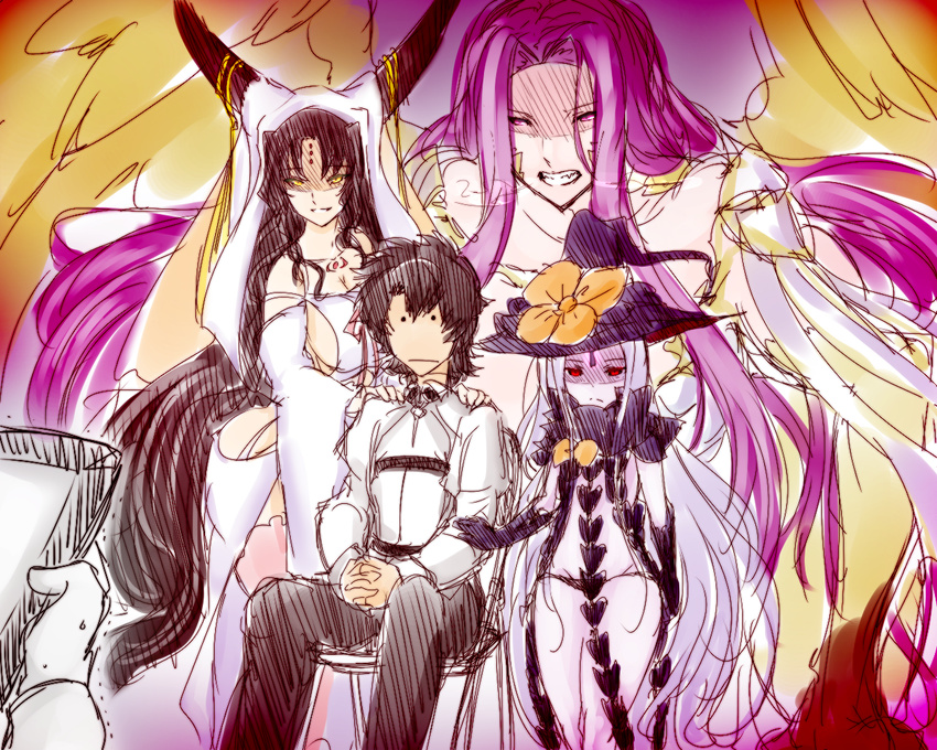 1boy 3girls abigail_williams_(fate/grand_order) bare_shoulders black_bow black_hair black_hat bow breasts bug bustier butterfly detached_sleeves facial_mark fate/extra fate/extra_ccc fate/grand_order fate_(series) forehead forehead_mark fujimaru_ritsuka_(male) gorgon_(fate) hat horns insect karakure_(kamo-nanban) keyhole large_breasts long_hair monster_girl multiple_girls open_mouth orange_bow pink_legwear purple_hair red_eyes revealing_clothes rider sesshouin_kiara shaded_face sideboob slit_pupils smile snake solid_circle_eyes square_pupils tattoo veil very_long_hair wings yellow_eyes