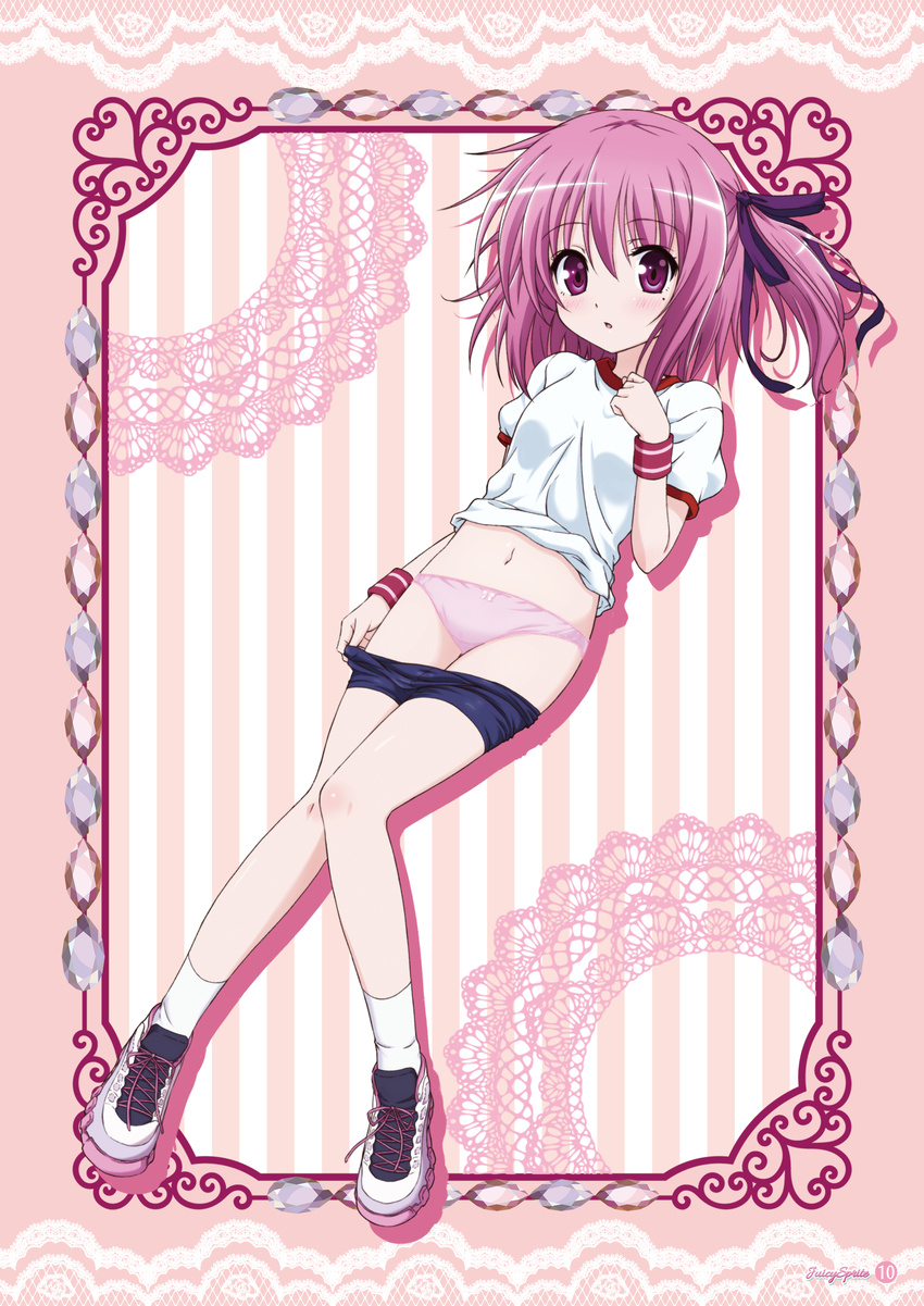 absurdres bike_shorts bike_shorts_pull commentary_request gym_uniform highres hokoro knees_together_feet_apart minato_tomoka navel panties pink_panties pulled_by_self purple_eyes purple_hair ribbon rou-kyuu-bu! shirt shoes short_hair shorts shorts_pull side_ponytail sneakers socks solo underwear white_shirt wristband