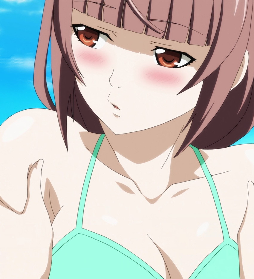 1girl bangs bare_shoulders bikini blush breasts brown_eyes brown_hair cleavage highres ikuno_emiru long_hair medium_breasts nozoki_ana screencap shy solo stitched upper_body