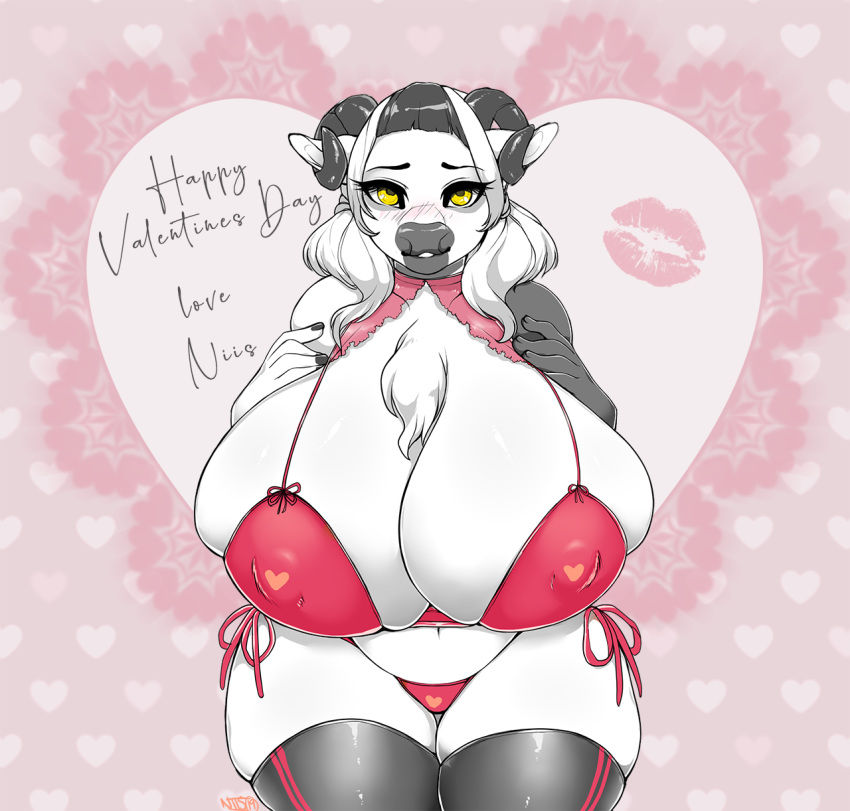 &lt;3 2018 anthro big_breasts big_thighs bikini blush bovid bovine breasts bulging_breasts cattle cleavage cleavage_overflow clothed clothing curvaceous female horn huge_breasts looking_at_viewer mammal navel niis nipple_bulge solo standing swimsuit thick_thighs thigh_squish yellow_eyes