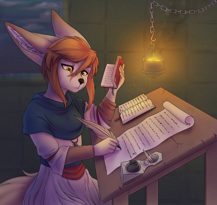 book canid canine desk e-pon feathers fennec fox ink loose_feather mammal night quill solo writing_(disambiguation)