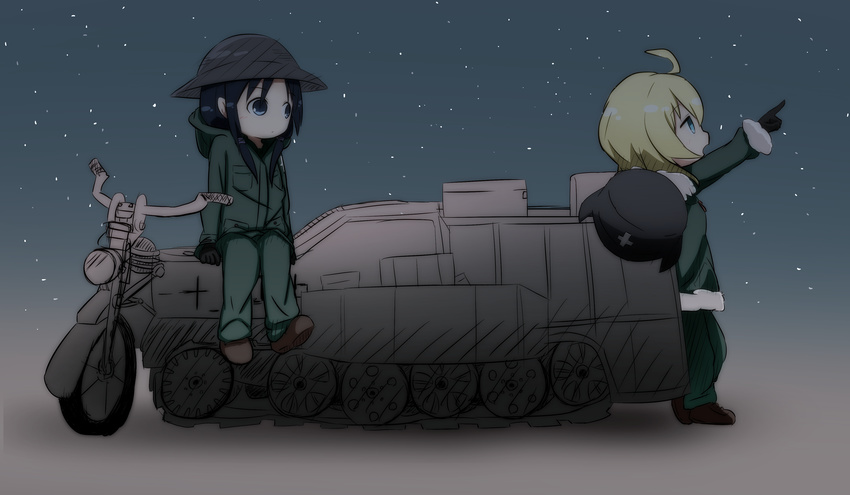 absurdres ahoge black_gloves black_hair blonde_hair blue_eyes blush boots brodie_helmet brown_footwear chito_(shoujo_shuumatsu_ryokou) closed_mouth commentary_request fur-trimmed_jacket fur_trim gloves green_jacket green_pants half-track helmet highres hood hood_down hooded_jacket idaten93 jacket kettenkrad long_hair looking_at_another looking_away low_twintails military military_jacket military_uniform multiple_girls open_mouth outstretched_arm pants pointing shoujo_shuumatsu_ryokou sitting sky stahlhelm standing star_(sky) starry_sky twintails uniform yuuri_(shoujo_shuumatsu_ryokou)