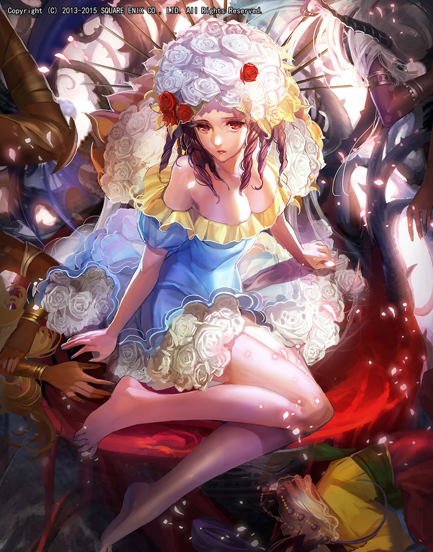 bare_legs bare_shoulders barefoot blue_dress blue_nails breasts brown_hair cleavage dress drill_hair emperors_saga fingernails flower hair_flower hair_ornament highres large_breasts liduke looking_at_viewer nail_polish official_art parted_lips red_eyes red_flower red_rose rose short_dress solo toenail_polish too_many_flowers watermark white_flower white_rose