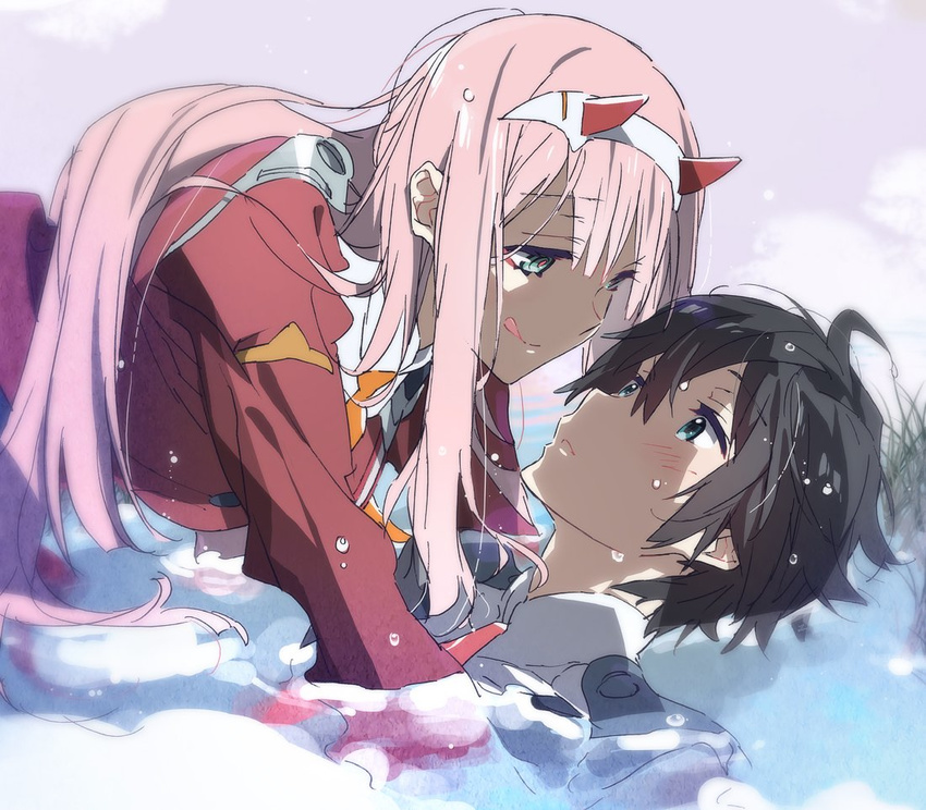 1girl ahoge bangs black_hair blue_eyes blush commentary_request couple darling_in_the_franxx eyebrows_visible_through_hair face-to-face green_eyes hair_between_eyes hair_ornament hairband hetero hiro_(darling_in_the_franxx) horns jacket kasuga_souichi lake long_hair looking_at_another lying_on_water military military_uniform necktie oni_horns open_clothes open_jacket orange_neckwear pink_hair red_horns red_jacket red_neckwear tongue tongue_out uniform very_long_hair wet wet_clothes wet_hair white_hairband zero_two_(darling_in_the_franxx)