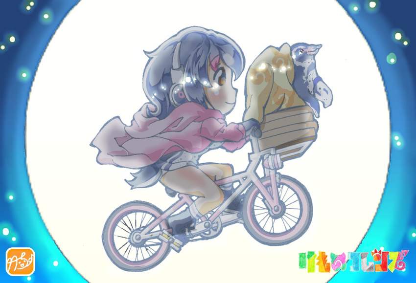 bicycle bird commentary_request e.t. flying grape-kun ground_vehicle headphones highres humboldt_penguin_(kemono_friends) kemono_friends meme moon penguin smile takecho