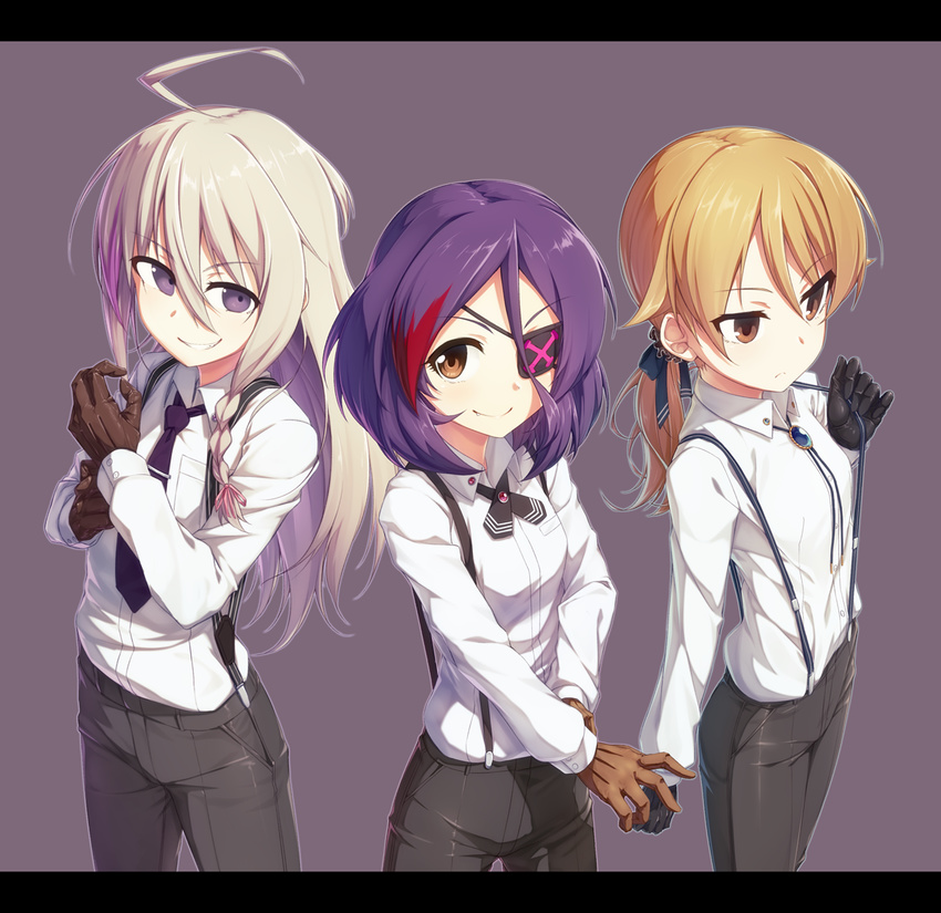 black_gloves black_pants blue_bow bolo_tie bow brooch brown_background brown_eyes brown_gloves brown_hair collared_shirt commentary_request dress_shirt eyepatch gloves gradient_hair hair_bow hayasaka_mirei hoshi_shouko idolmaster idolmaster_cinderella_girls individuals jewelry kuroneko_shiro letterboxed light_brown_hair long_hair low_ponytail morikubo_nono multicolored_hair multiple_girls necktie pants ponytail purple_eyes purple_hair purple_neckwear red_hair shirt suspenders tie_clip very_long_hair white_shirt