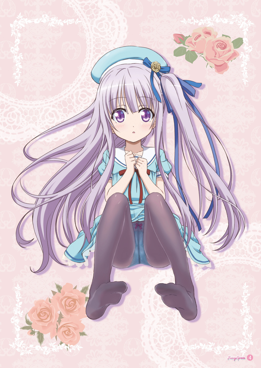 absurdres black_legwear blue_dress blue_panties commentary_request crotch_seam dress gotou_jun hands_on_own_chest hands_together hat highres hokoro knees_up long_hair no_shoes one_side_up open_mouth panties panties_under_pantyhose pantyhose pantyshot pantyshot_(sitting) purple_eyes purple_hair ribbon see-through sitting solo tenshi_no_3p! underwear upskirt