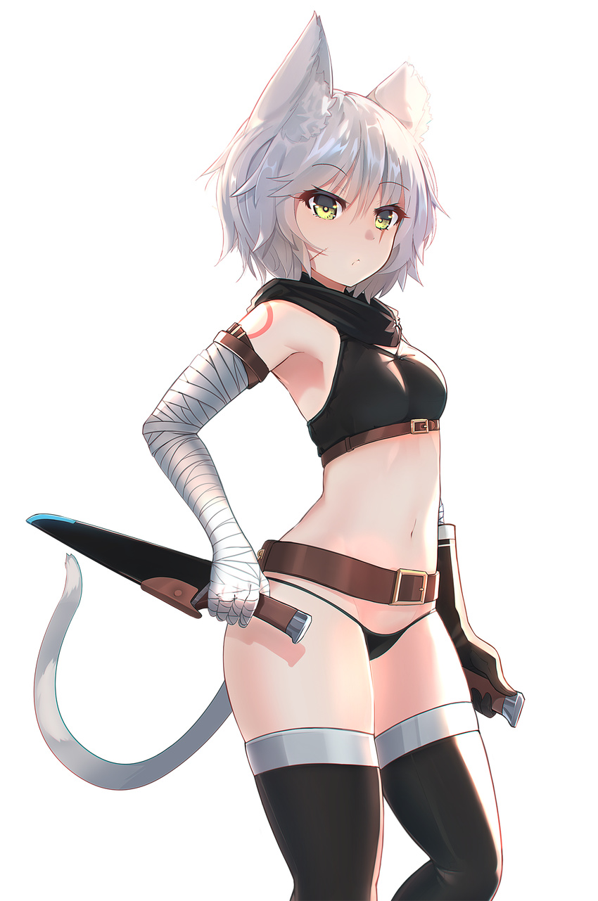 animal_ears bandaged_arm bandages bangs belt black_gloves black_legwear black_panties breasts cat_ears cat_tail ehrrr eyebrows_visible_through_hair fate/apocrypha fate_(series) gloves green_eyes highres holding holding_knife jack_the_ripper_(fate/apocrypha) kemonomimi_mode knife navel panties scar scar_across_eye sheath sheathed shoulder_tattoo silver_hair single_glove small_breasts solo tail tail_raised tattoo thighhighs transparent_background underwear