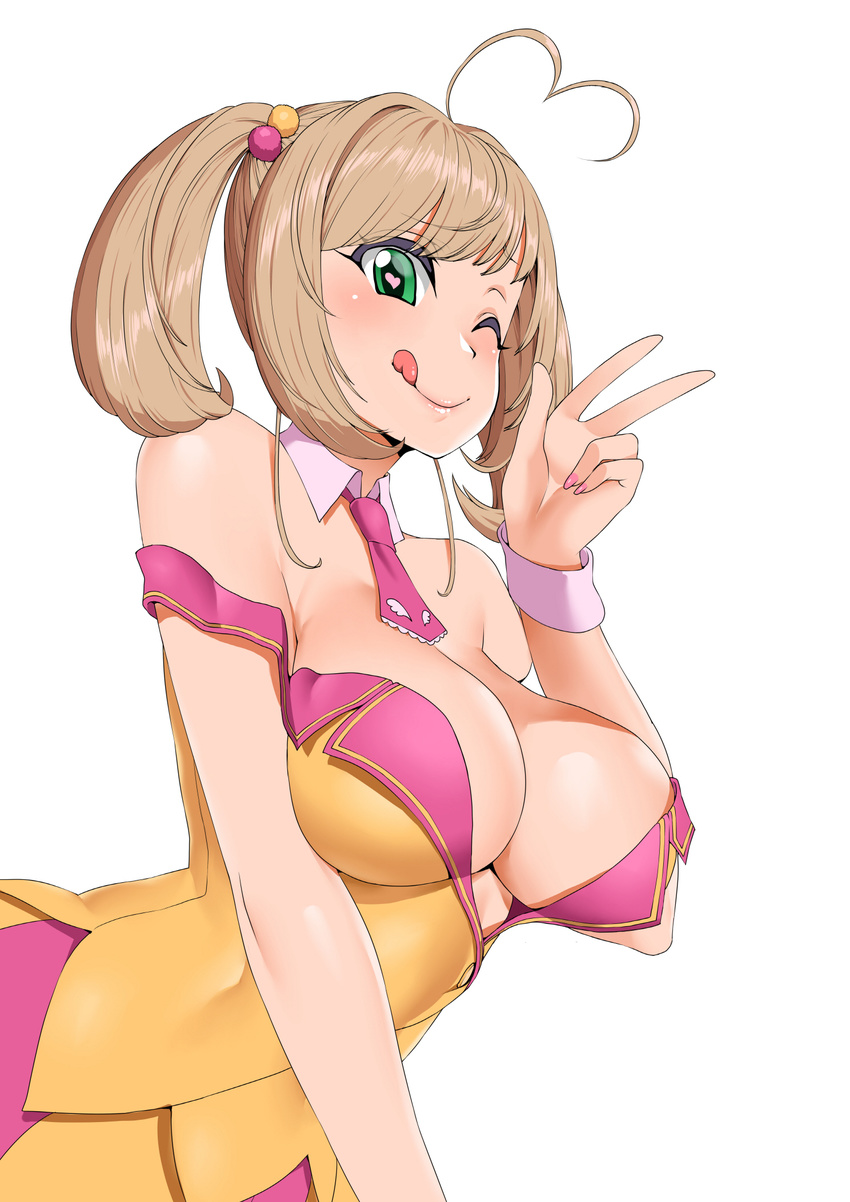 ;) ;q ahoge bangs bare_shoulders blonde_hair blush breasts cleavage detached_collar dress green_eyes hair_bobbles hair_ornament heart heart-shaped_pupils heart_ahoge highres idolmaster idolmaster_cinderella_girls large_breasts nail_polish no_bra one_eye_closed pink_nails satou_shin simple_background smh1069 smile solo strap_slip symbol-shaped_pupils tongue tongue_out twintails w white_background