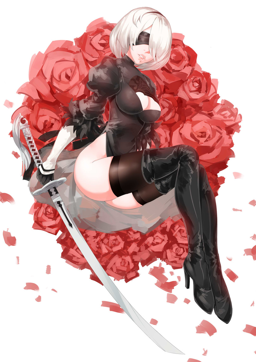 ass black_blindfold black_dress black_hairband black_legwear blindfold boots breasts cleavage cleavage_cutout dress facing_viewer feather-trimmed_sleeves flower gloves hairband high_heels highres holding holding_sword holding_weapon juliet_sleeves long_sleeves marie_mushroom medium_breasts mole mole_under_mouth nier_(series) nier_automata parted_lips puffy_sleeves rose short_hair solo sword thighhighs thighs turtleneck weapon white_hair yorha_no._2_type_b