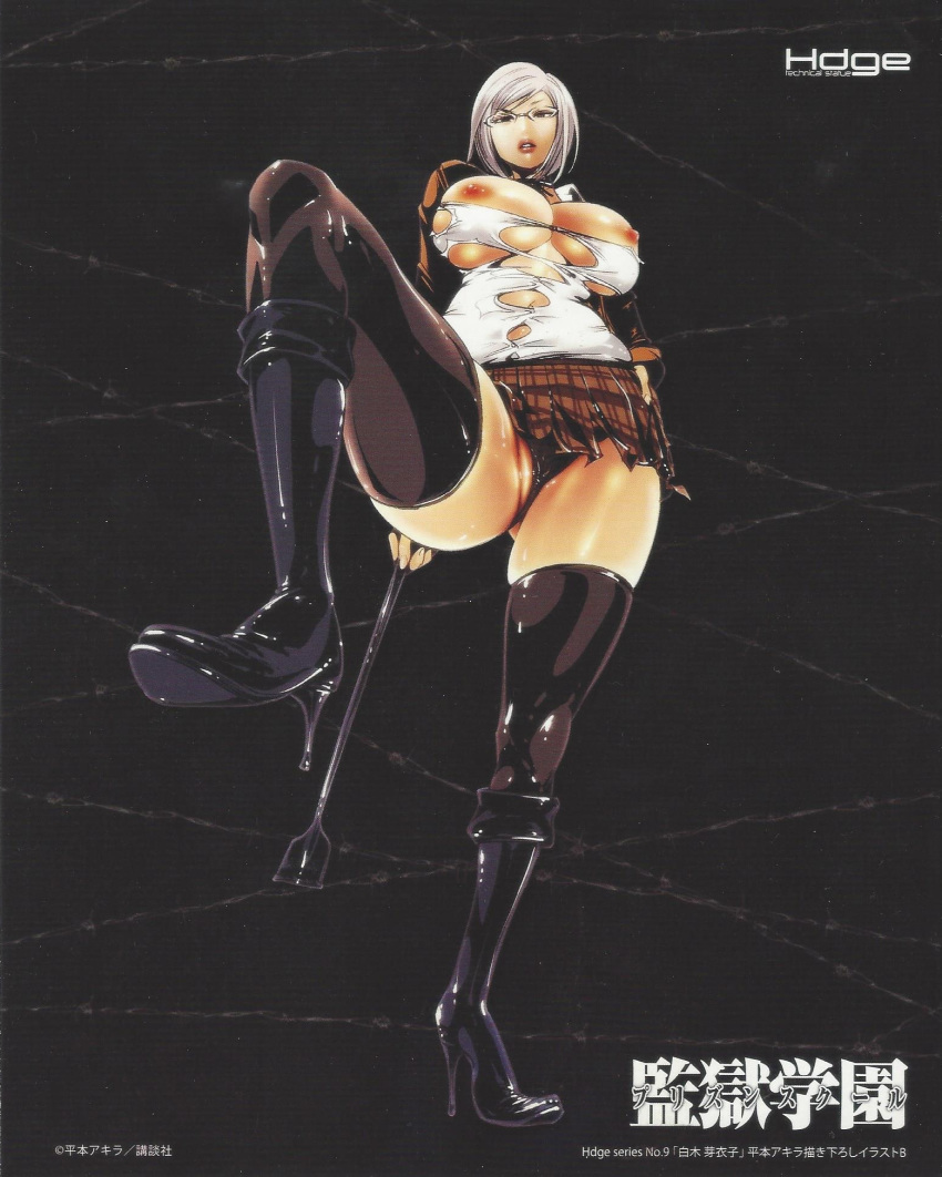 10s 1girl boots breasts bursting_breasts glasses high_heel_boots high_heels highres hiramoto_akira holding large_breasts lips looking_at_viewer miniskirt nipples no_bra official_art parted_lips prison_school scan school_uniform shiraki_meiko silver_hair skirt thick_lips thighs underwear whip