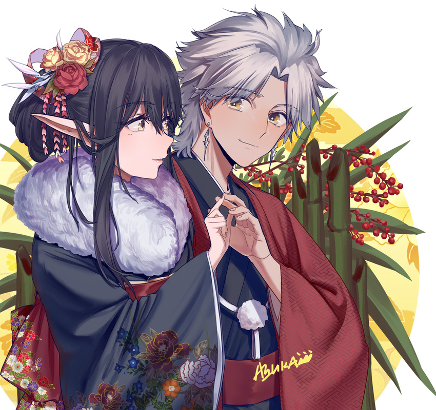 1girl amakusa_shirou_(fate) bamboo bangs black_hair black_kimono couple earrings eyebrows_visible_through_hair fate/apocrypha fate_(series) flower fur_trim hair_between_eyes hair_flower hair_ornament hair_up hetero highres japanese_clothes jewelry kimono liangchanxingmingrixiang long_hair looking_at_another obi parted_bangs pointy_ears red_flower sash semiramis_(fate) smile touching upper_body white_hair wide_sleeves yellow_eyes yellow_flower