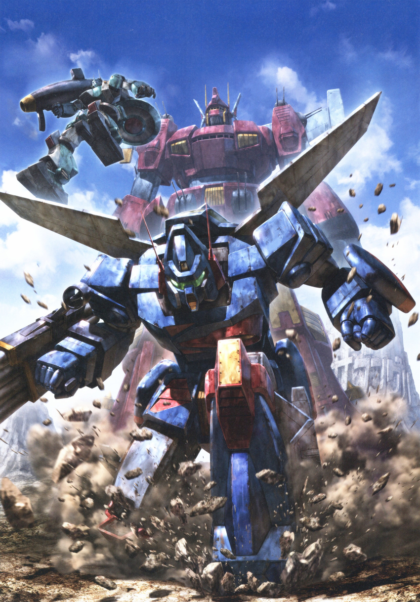 artbook cloud epic highres iron_gear logo mecha morishita_naochika no_humans outdoors realistic scan science_fiction sentou_mecha_xabungle sky walker_gallia weapon xabungle_(mecha)