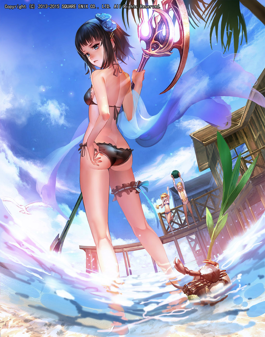 adjusting_clothes adjusting_swimsuit ass barefoot bikini bird black_bikini black_hair blue_eyes blue_sky bruise closed_mouth cloud cloudy_sky crab day dock emperors_saga fisheye flower food frilled_bikini frills from_behind fruit hair_flower hair_ornament hairclip highres injury kneepits leg_garter legs liduke looking_at_viewer looking_back multiple_girls official_art outdoors partially_underwater_shot seagull short_hair sky solo_focus standing swimsuit tree wading water watermark watermelon