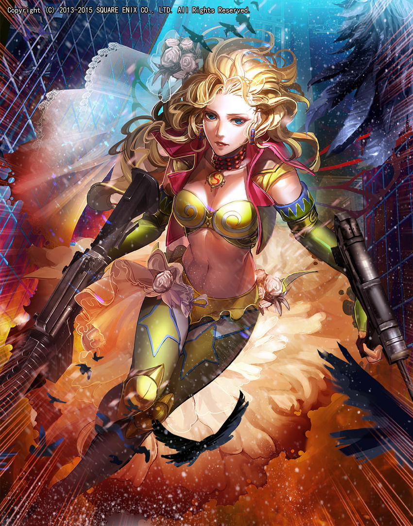 armor assault_rifle bird blonde_hair blue_eyes bra breasts dual_wielding earrings elbow_gloves emperors_saga emphasis_lines flower frills gloves green_gloves green_legwear gun hair_flower hair_ornament highres holding holding_gun holding_weapon jewelry large_breasts liduke light_particles long_hair looking_at_viewer navel official_art outdoors pantyhose parted_lips rifle rose solo underwear waist_cape watermark weapon white_flower white_rose yellow_bra