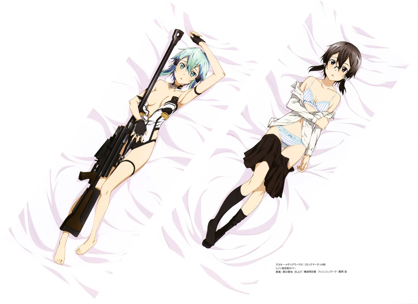 bed_sheet blue_eyes blue_hair blush breasts brown_eyes brown_hair gun hair_ornament image_sample looking_at_viewer medium_breasts sinon_(sao-alo) sword_art_online underwear weapon yandere_sample