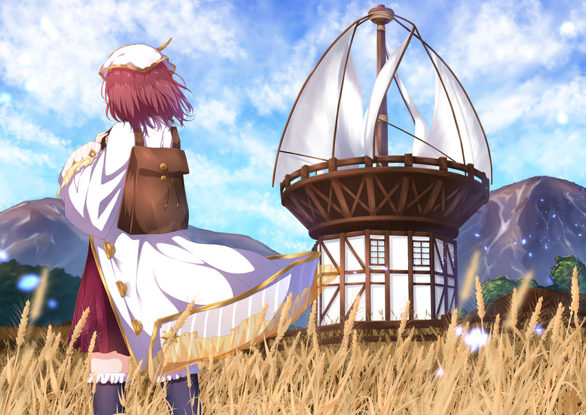 atelier_(series) atelier_lydie_&amp;_suelle atelier_sophie backpack bag black_legwear brown_hair building cloud coat day facing_away fence field frilled_legwear from_behind half-timbered head_scarf highres holding_strap kneehighs long_sleeves mountain numpopo open_clothes open_coat outdoors red_skirt skirt sky solo sophie_neuenmuller standing thighhighs wheat white_coat wide_sleeves windmill window wooden_fence