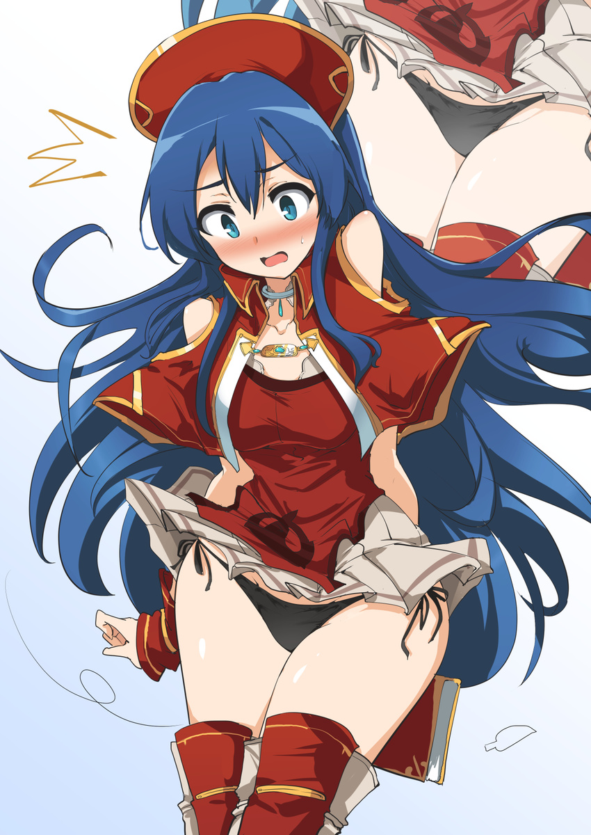 1girl bare_shoulders black_panties blue_eyes blue_hair blush book breasts capelet collarbone embarrassed fire_emblem fire_emblem:_fuuin_no_tsurugi gradient gradient_background hat highres lilina long_hair looking_down medium_breasts momio open_mouth panties side-tie_panties simple_background solo sweatdrop thighhighs underwear very_long_hair wind wind_lift zoom_layer