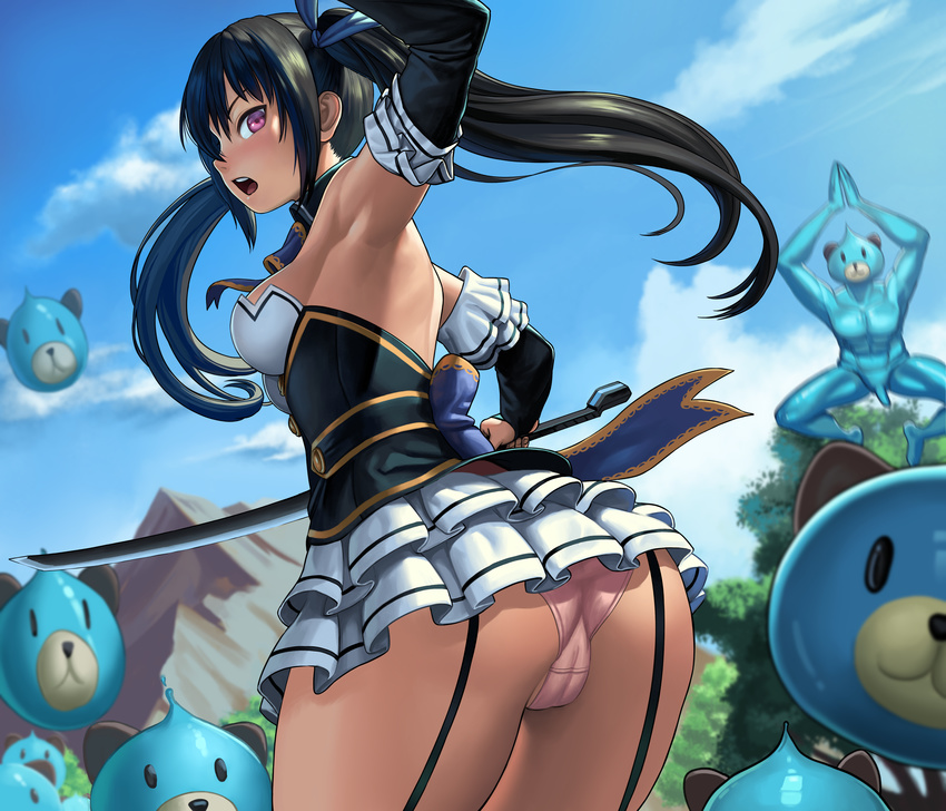 absurdres arm_up armpits ass black_hair blurry blush breasts cameltoe choujigen_game_neptune cowboy_shot day depth_of_field detached_sleeves dogoo dogoo_man garter_straps gumroad_reward highres huge_filesize lasterk medium_breasts neptune_(series) noire open_mouth outdoors outstretched_arms paid_reward panties penis pink_panties profile purple_eyes solo_focus sword twintails underbust underwear weapon